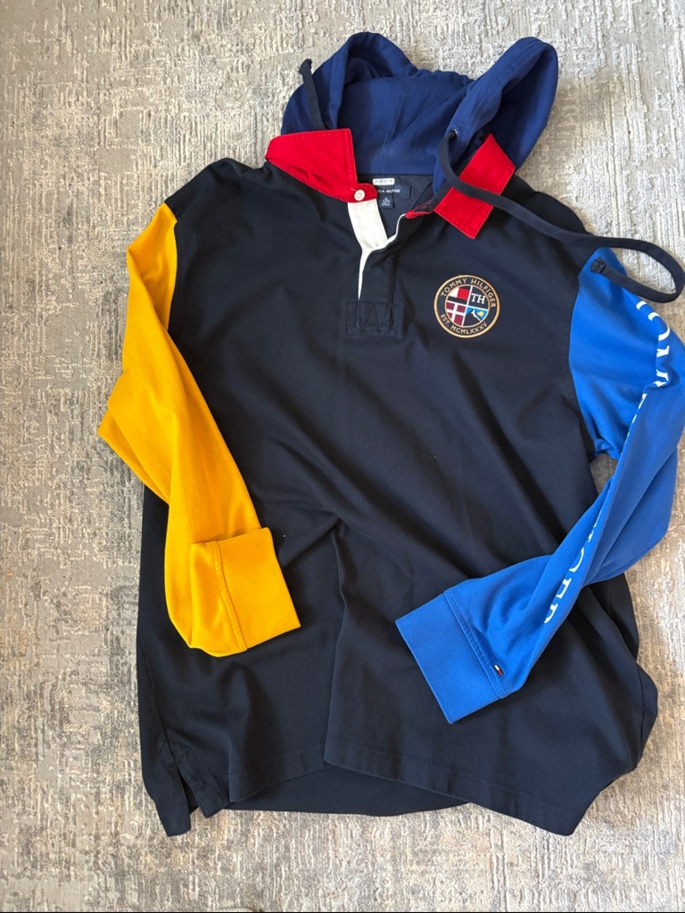 Tommy Hilfiger Black Colorblock Hooded Rugby with Red, Blue & Gold Accents